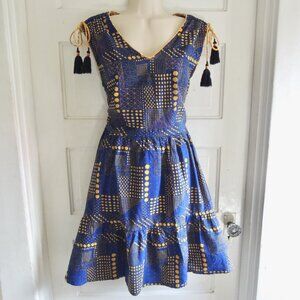 Mata Traders Blue & Gold Embroidered Cotton Dress M